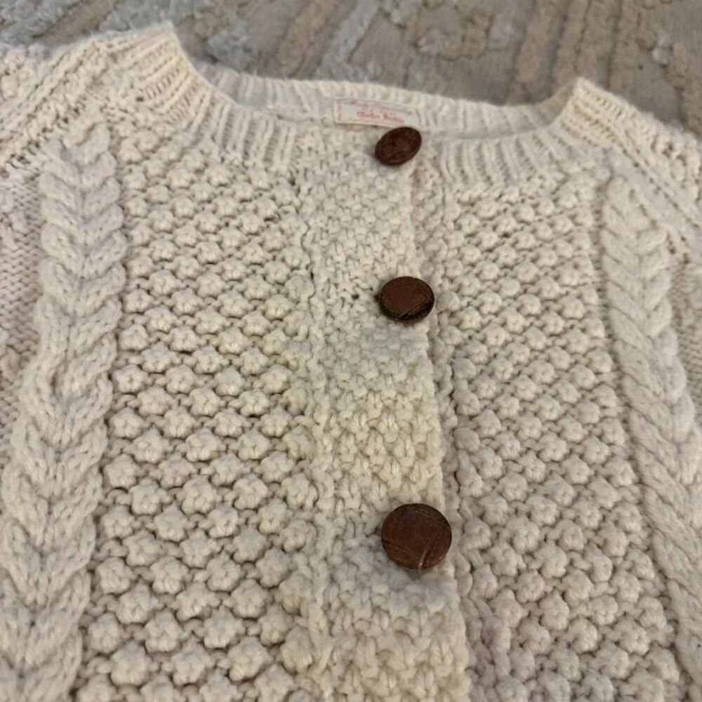 Vintage Hand Knit Wool Blend Cream Cable Knit Cardigan Sweater - Picture 4 of 7